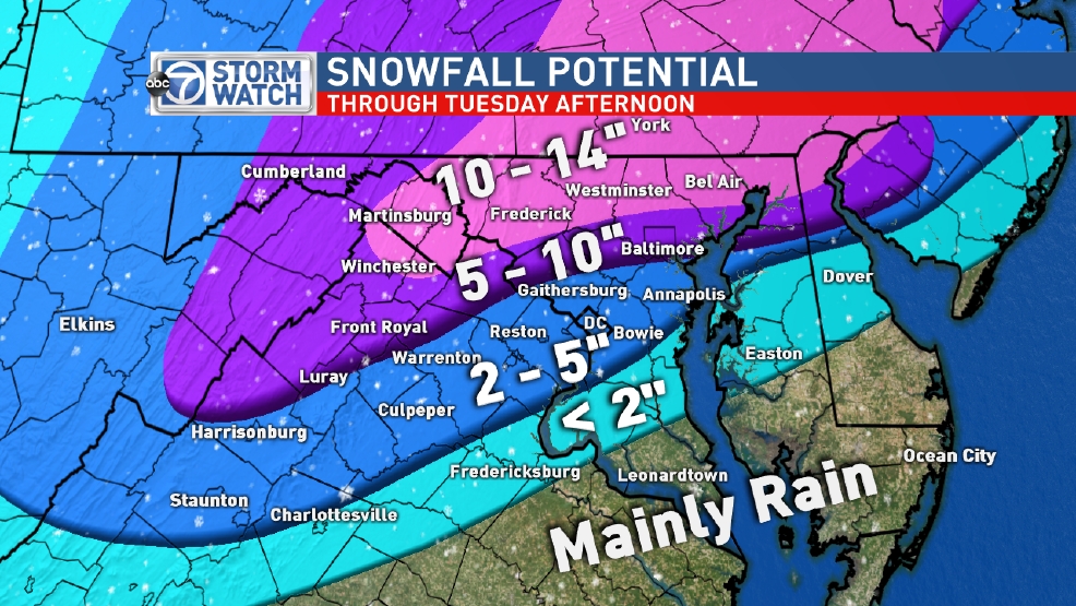 NEW Projected snowfall totals lower for the DC Metro and east WJLA
