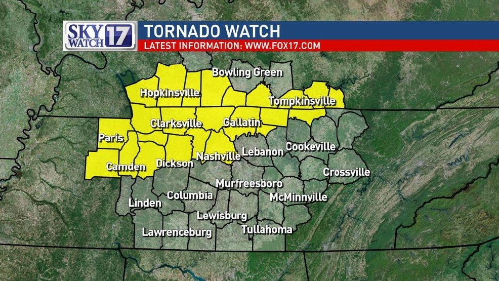 Tornado Watch issued in Nashville, surrounding counties through Tuesday